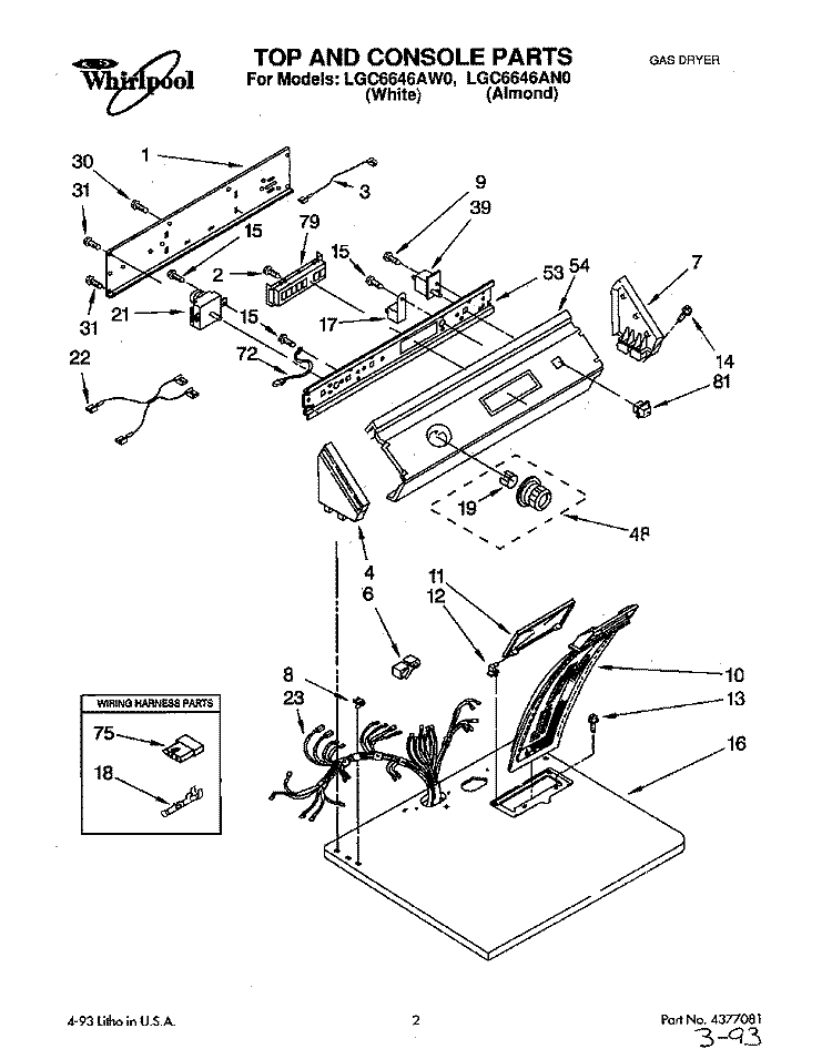 TOP AND CONSOLE, LIT/OPTIONAL Diagram and Parts List for LGC6646AW0  Whirlpool Dryer