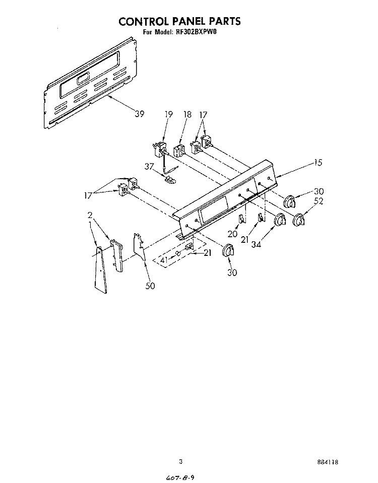 CONTROL PANEL Diagram and Parts List for RF302BXPW0  Whirlpool Range