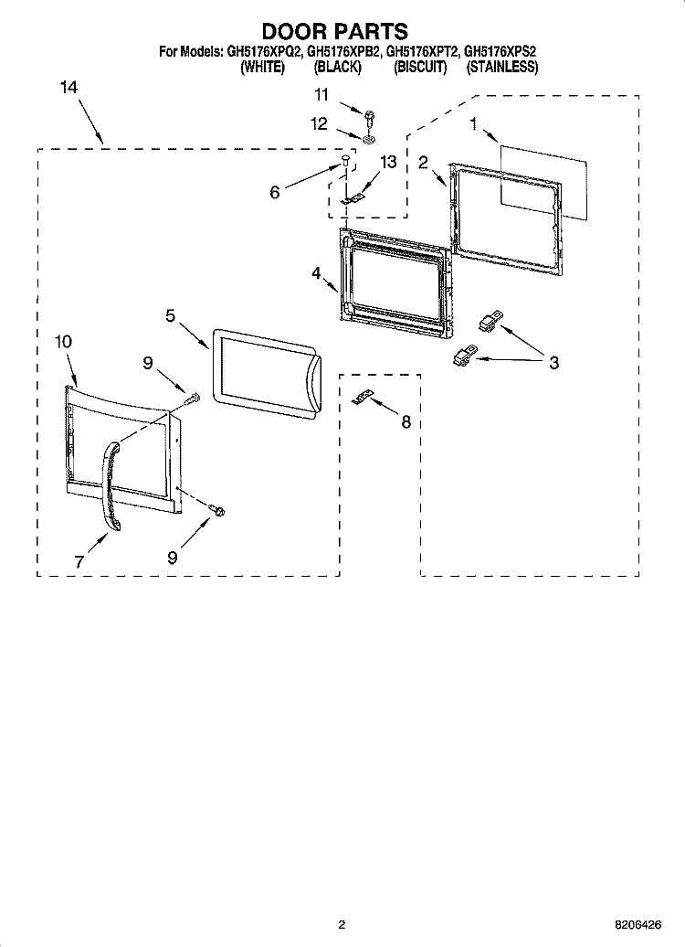 DOOR PARTS Diagram and Parts List for GH5176XPT2  Whirlpool Microwave