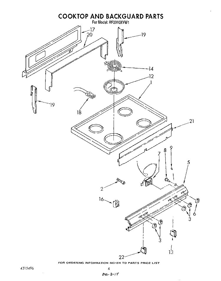 COOK TOP AND BACK GUARD Diagram and Parts List for RF3010XVW1  Whirlpool Range