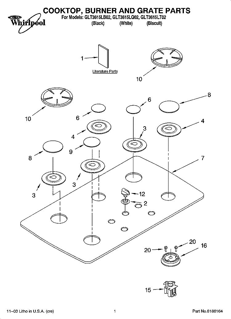 COOKTOP, BURNER AND GRATE PARTS Diagram and Parts List for GLT3615LT02  Whirlpool Cooktop