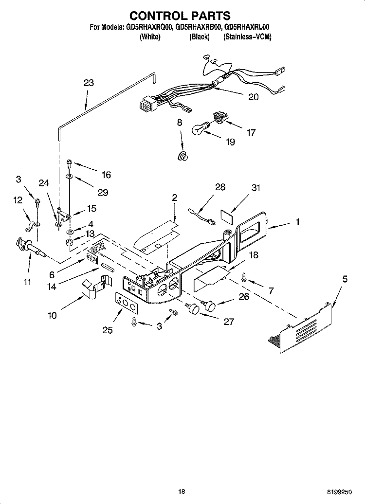 CONTROL PARTS Diagram and Parts List for GD5RHAXRB00  Whirlpool Refrigerator