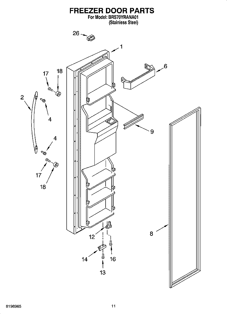 FREEZER DOOR PARTS Diagram and Parts List for BRS70YRANA01  Whirlpool Refrigerator