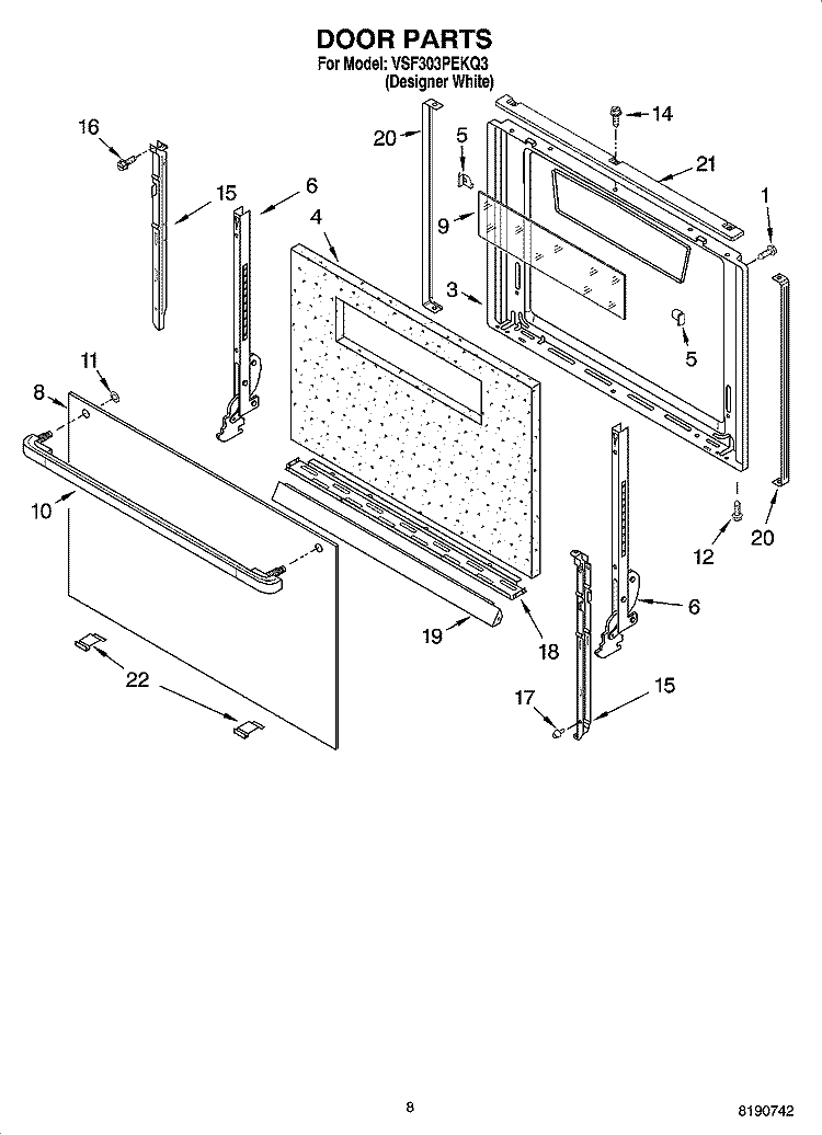 DOOR PARTS, MISCELLANEOUS PARTS Diagram and Parts List for VSF303PEKQ3  Whirlpool Range