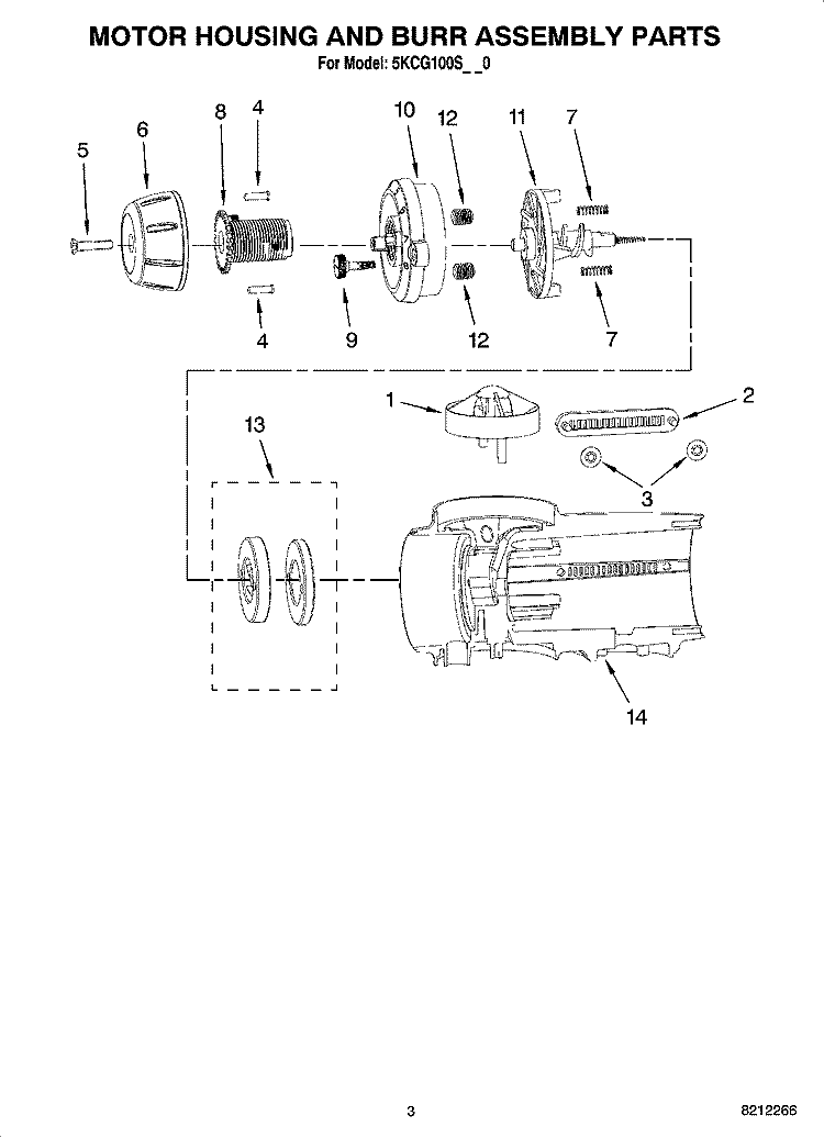 MOTOR HOUSING AND BURR ASSEMBLY PARTS Diagram and Parts List for 5KCG100SPM0  KitchenAid Coffee Grinder