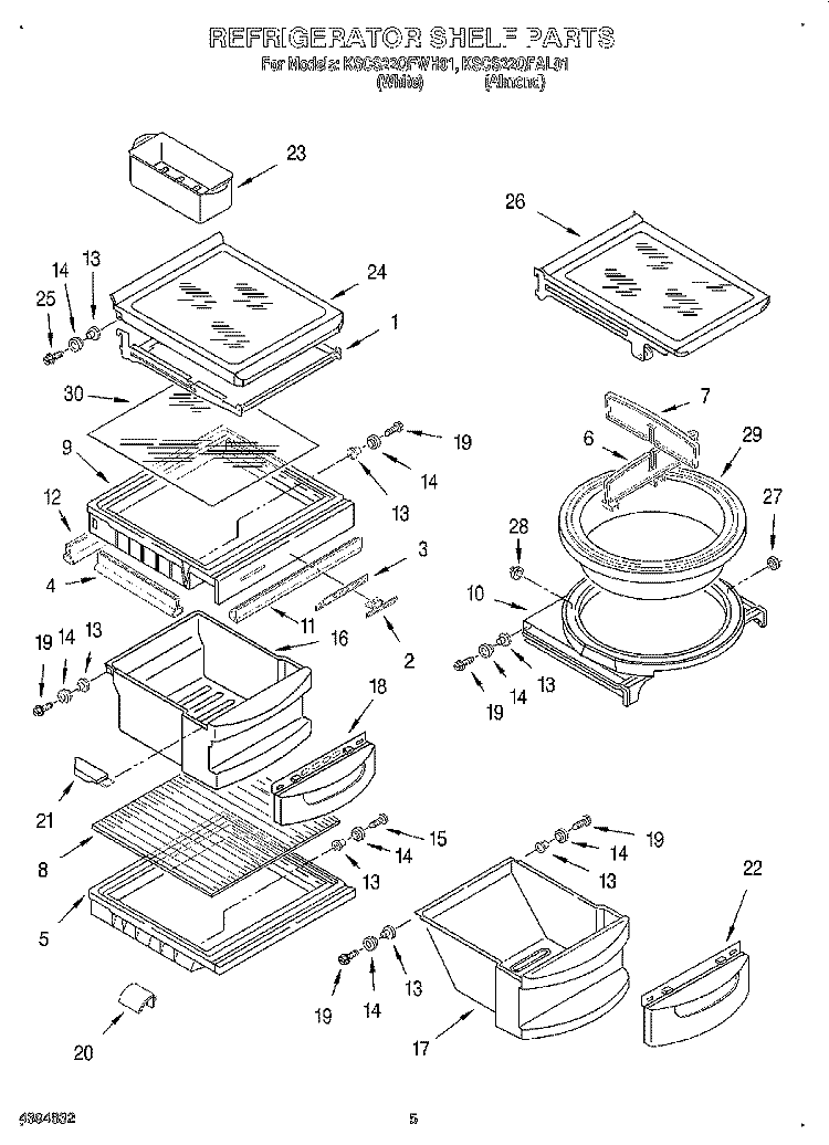 REFRIGERATOR SHELF Diagram and Parts List for KSCS22QFAL01  KitchenAid Refrigerator