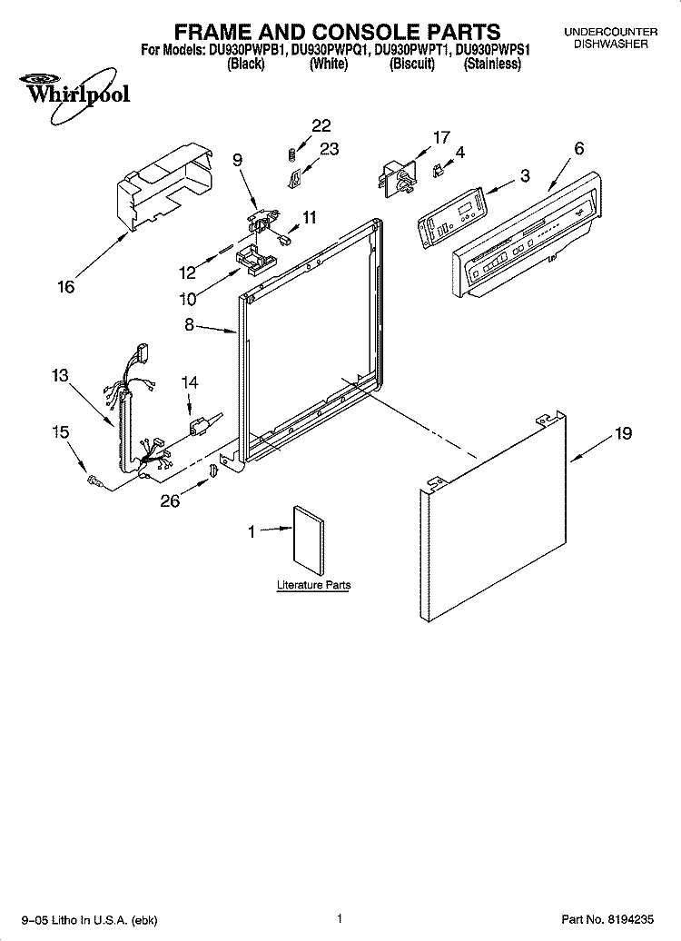 FRAME AND CONSOLE PARTS Diagram and Parts List for DU930PWPQ1  Whirlpool Dishwasher