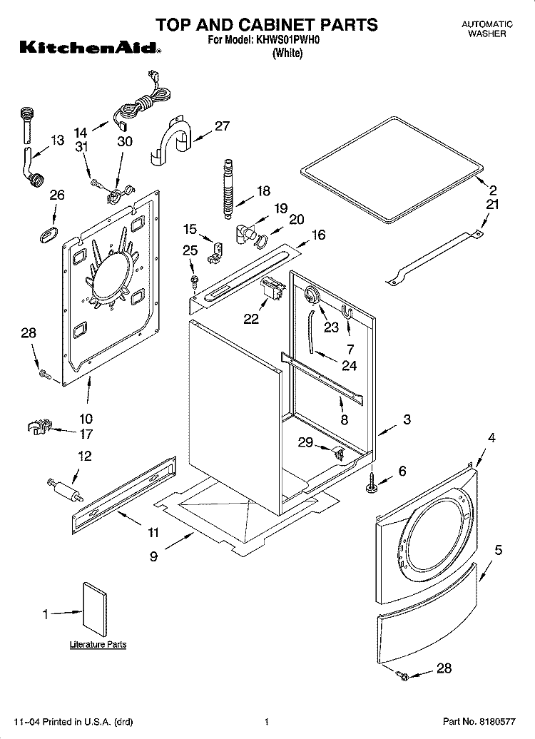 TOP AND CABINET PARTS Diagram and Parts List for KHWS01PWH0  KitchenAid Washer
