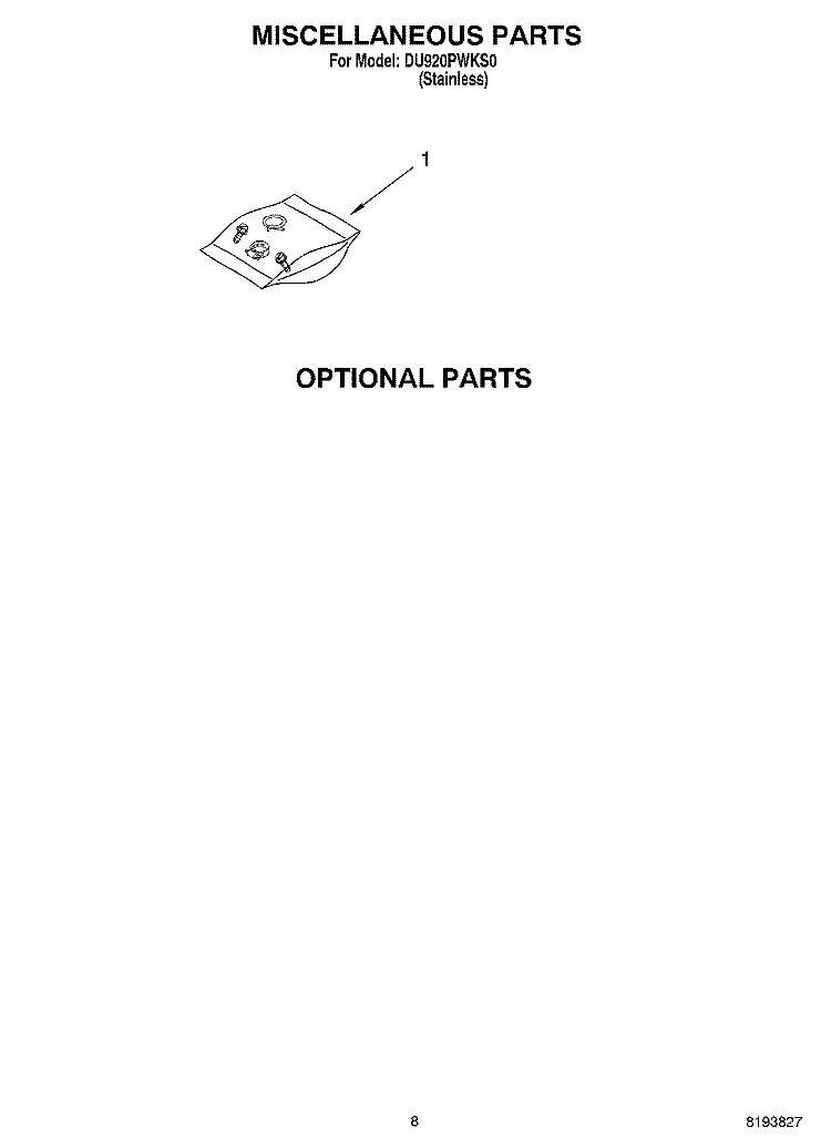 MISCELLANEOUS PARTS OPTIONAL PARTS Diagram and Parts List for DU920PWKS0  Whirlpool Dishwasher