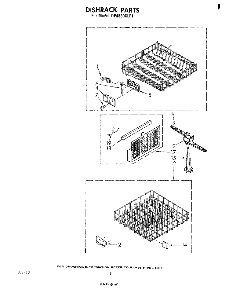 DISHRACK Diagram and Parts List for DP6880XLP1  Whirlpool Dishwasher