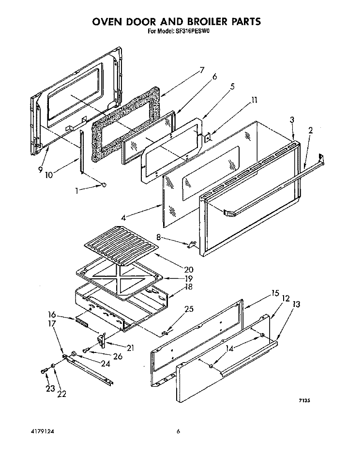 OVEN DOOR AND BROILER Diagram and Parts List for SF316PESW0  Whirlpool Range