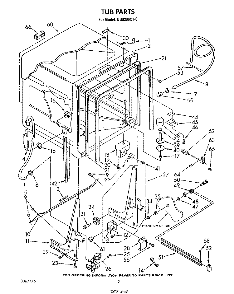 TUB , LITERATURE AND OPTIONAL Diagram and Parts List for DU9200XT0  Whirlpool Dishwasher