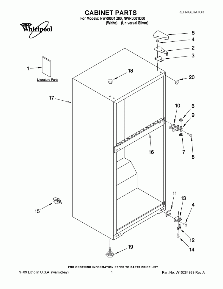 CABINET PARTS Diagram and Parts List for NWR0001Q00  Whirlpool Refrigerator