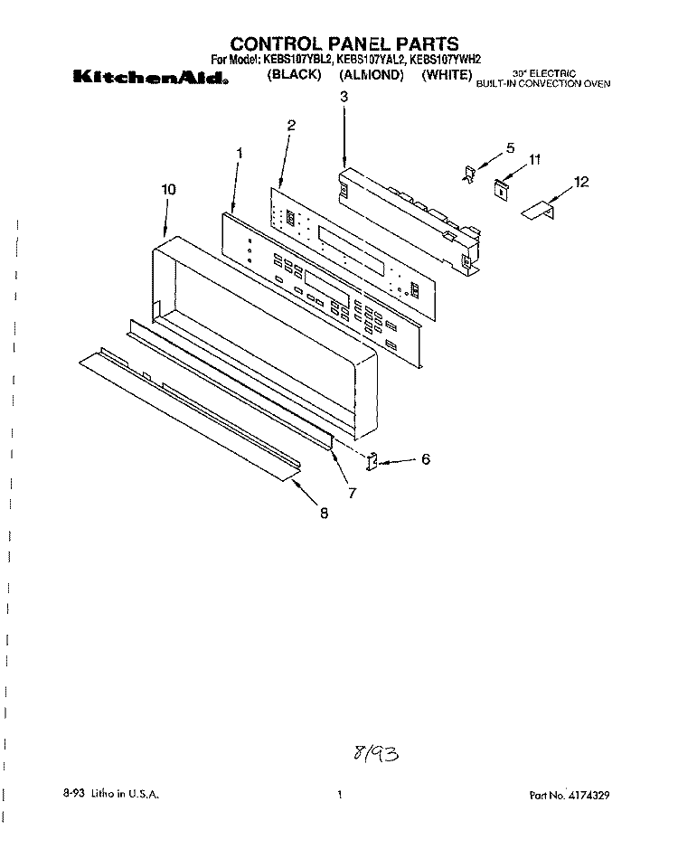 CONTROL PANEL Diagram and Parts List for KEBS107YWH2  KitchenAid Wall Oven