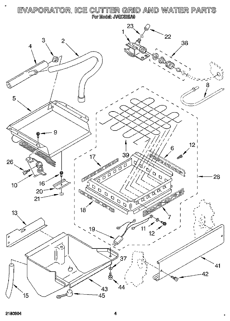 EVAPORATOR, ICE CUTTER GRID AND WATER Diagram and Parts List for JVGC535A0  Whirlpool Ice Maker