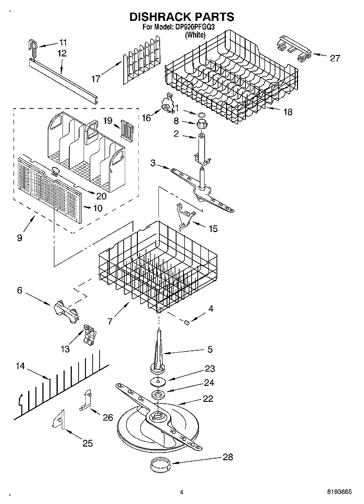 DISHRACK Diagram and Parts List for DP920PFGQ3  Whirlpool Dishwasher