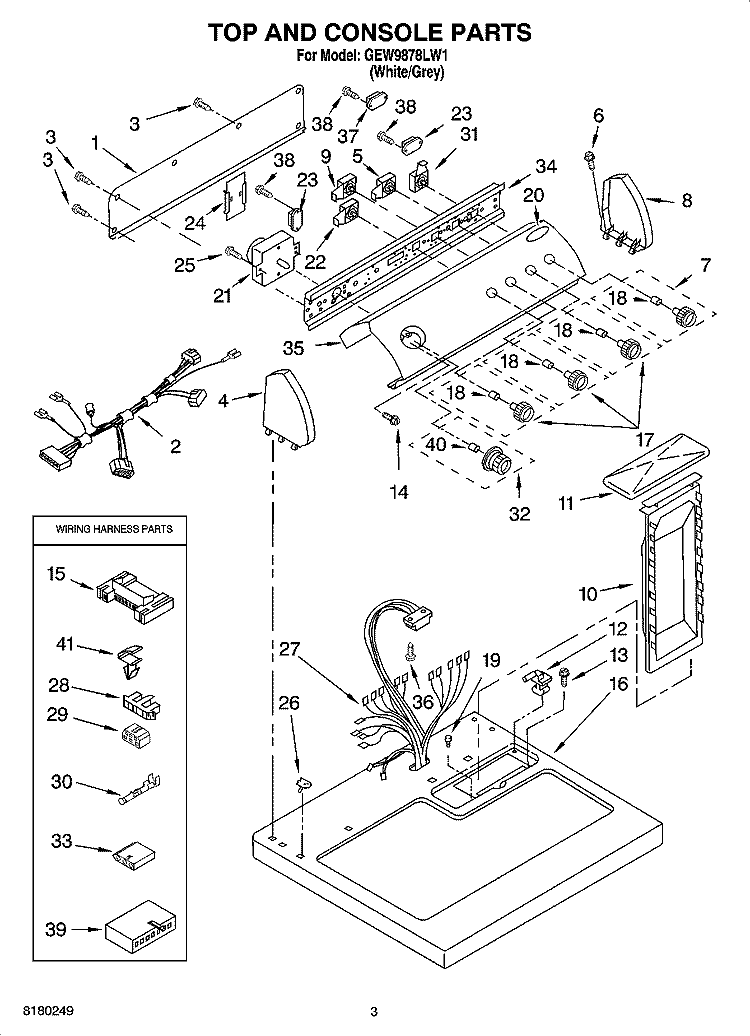 TOP AND CONSOLE PARTS Diagram and Parts List for GEW9878LW1  Whirlpool Dryer
