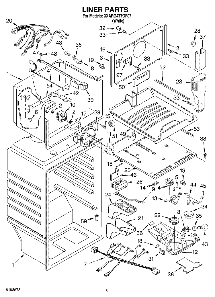 LINER PARTS Diagram and Parts List for 3XARG477GF07  Whirlpool Refrigerator