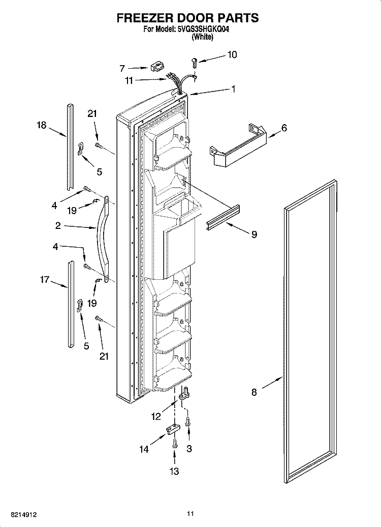 FREEZER DOOR PARTS Diagram and Parts List for 5VGS3SHGKQ04  Whirlpool Refrigerator