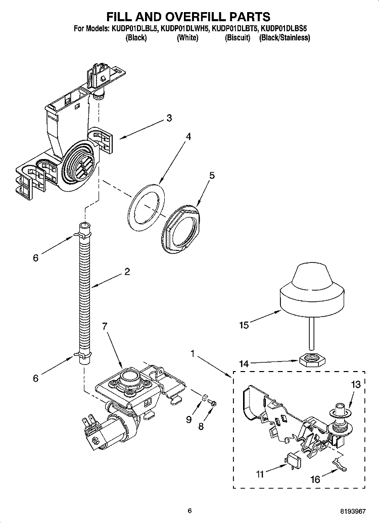 FILL AND OVERFILL PARTS Diagram and Parts List for KUDP01DLBL5  KitchenAid Dishwasher