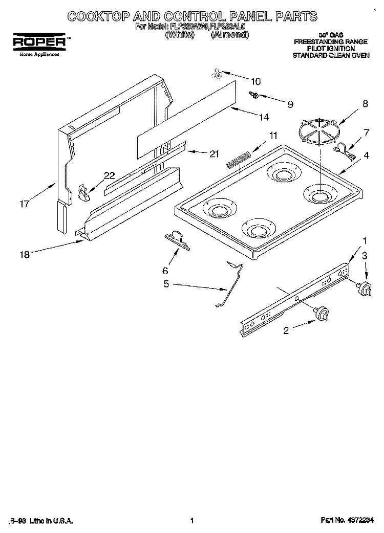 COOKTOP AND CONTROL PANEL, LITERATURE Diagram and Parts List for FLP320AW0  Roper Range