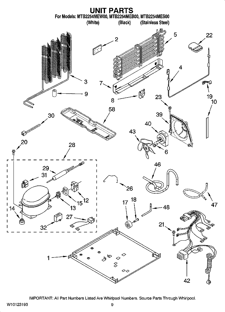 UNIT PARTS Diagram and Parts List for MTB2254MES00  Whirlpool Refrigerator