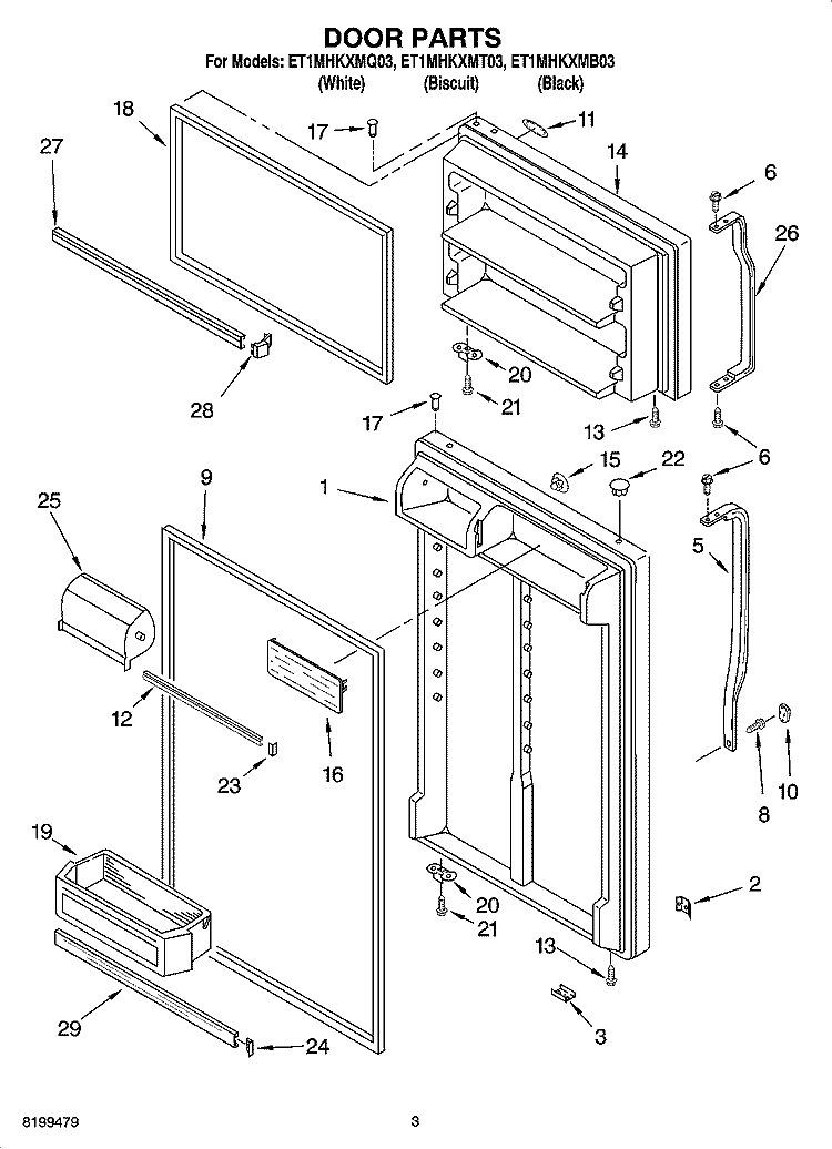 DOOR PARTS Diagram and Parts List for ET1MHKXMQ03  Whirlpool Refrigerator