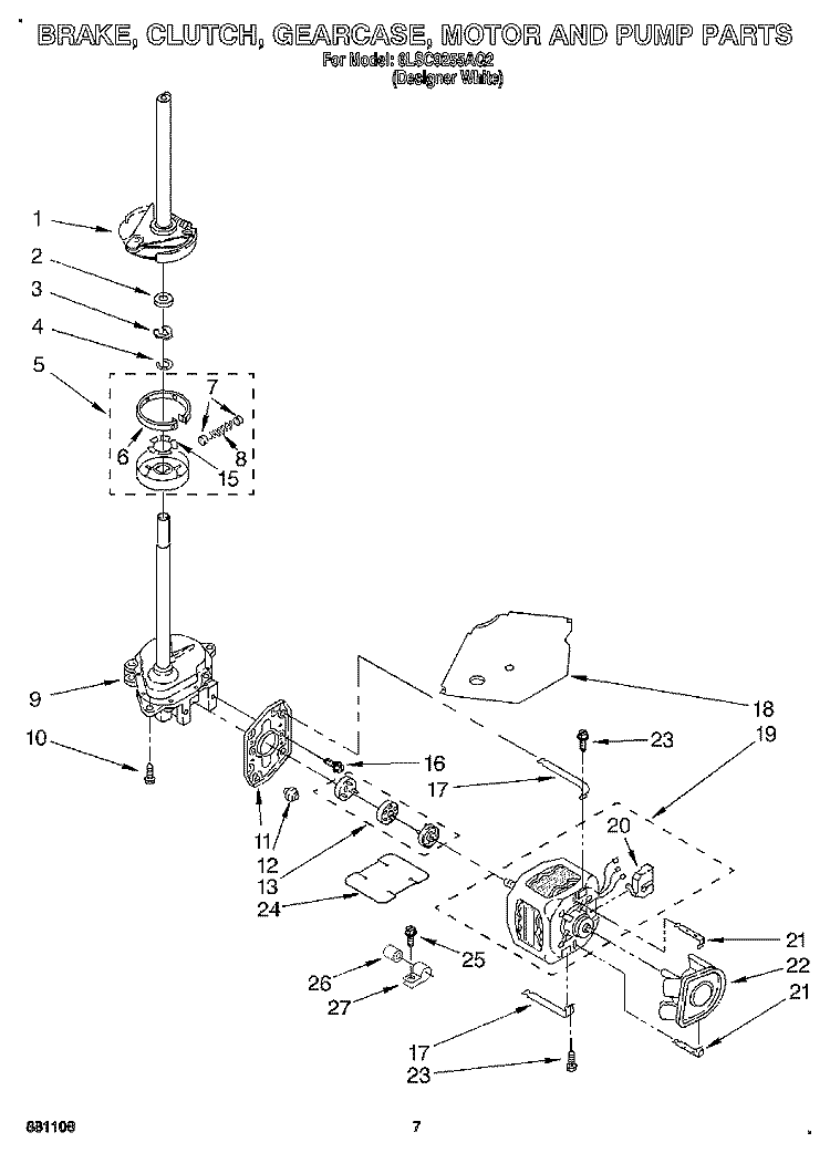 BRAKE, CLUTCH, GEARCASE, MOTOR & PUMP Diagram and Parts List for 6LSC9255AQ2  Whirlpool Washer