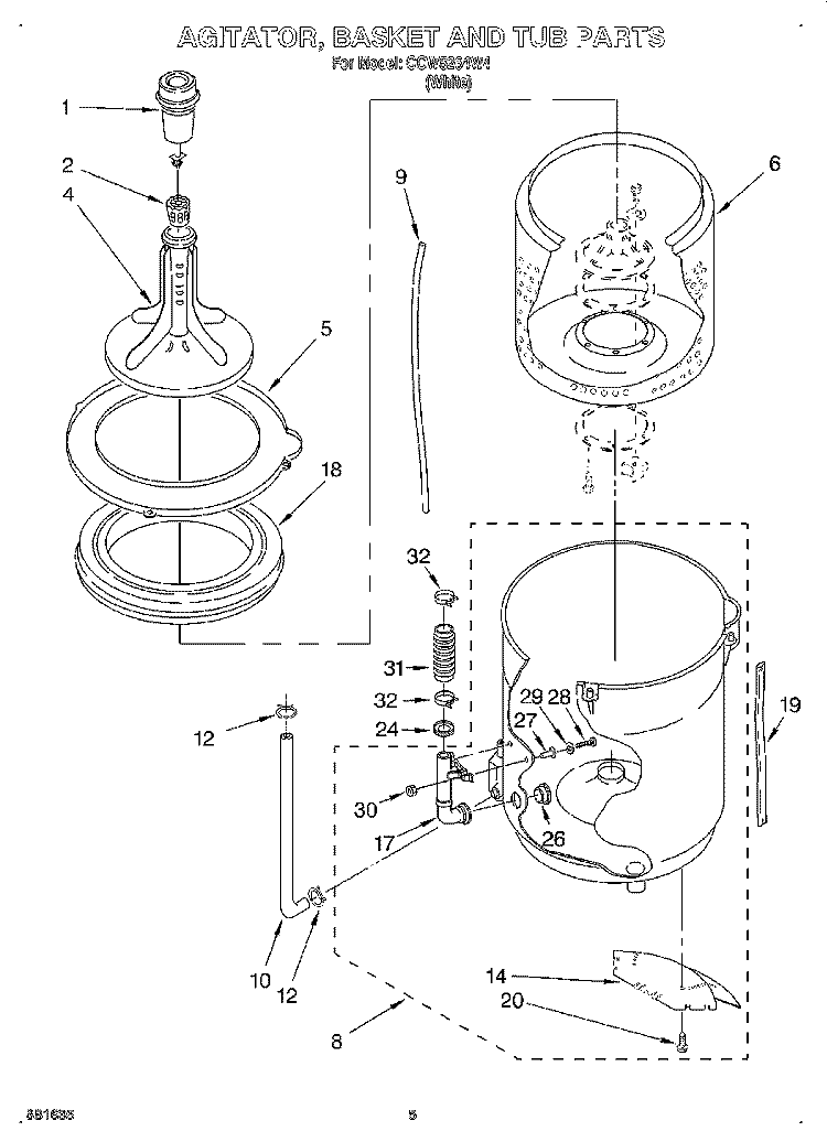 AGITATOR, BASKET AND TUB Diagram and Parts List for CCW5264W4  Whirlpool Washer