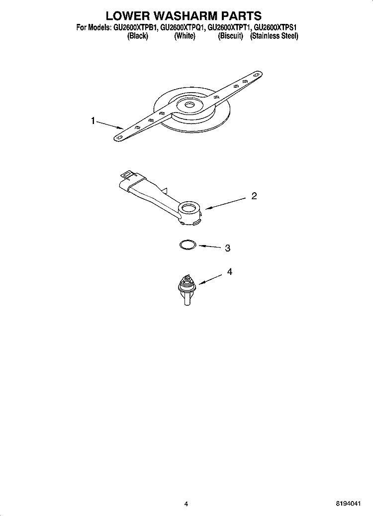 LOWER WASHARM PARTS Diagram and Parts List for GU2600XTPB1  Whirlpool Dishwasher