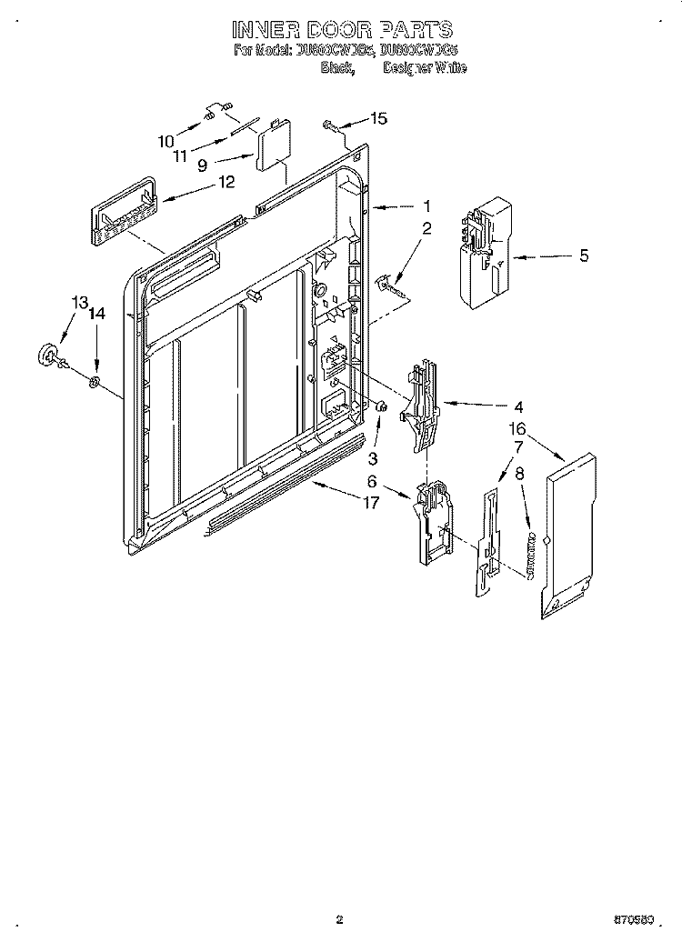 INNER DOOR Diagram and Parts List for DU800CWDB5  Whirlpool Dishwasher