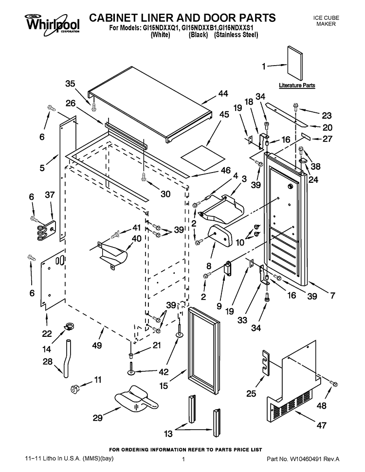 CABINET LINER AND DOOR PARTS Diagram and Parts List for GI15NDXXS1  Whirlpool Ice Maker