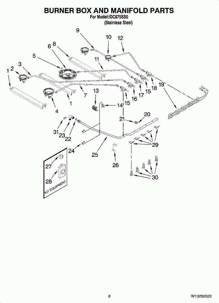 BURNER BOX AND MANIFOLD PARTS Diagram and Parts List for IDC875SS0  Whirlpool Range