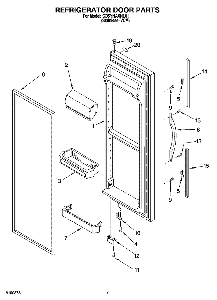 REFRIGERATOR DOOR PARTS Diagram and Parts List for GD5YHAXNL01  Whirlpool Refrigerator