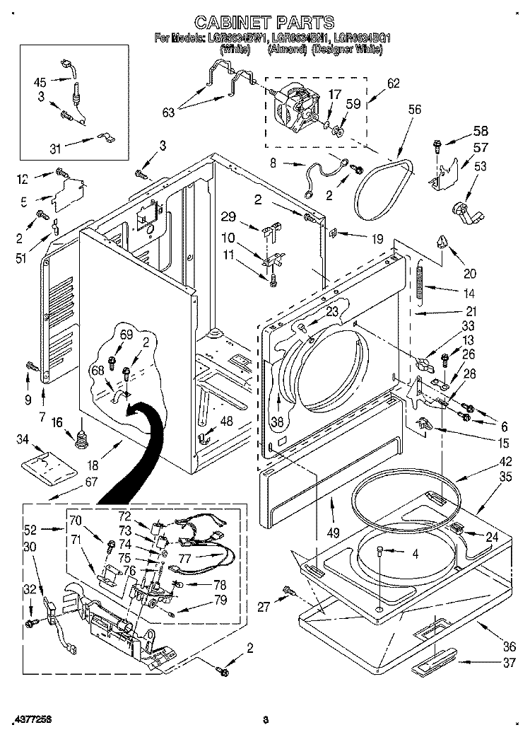 CABINET Diagram and Parts List for LGR6634BW1  Whirlpool Dryer