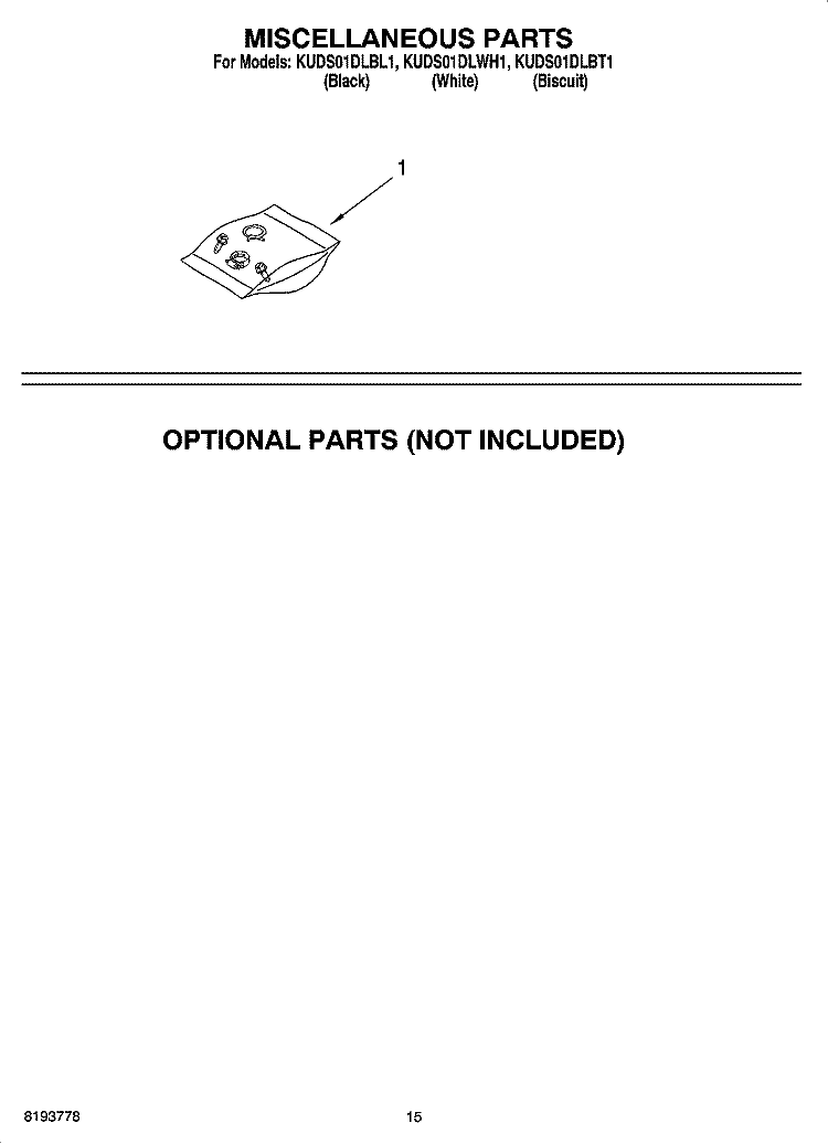 MISCELLANEOUS PARTS OPTIONAL PARTS (NOT INCLUDED) Diagram and Parts List for KUDS01DLBL1  KitchenAid Dishwasher