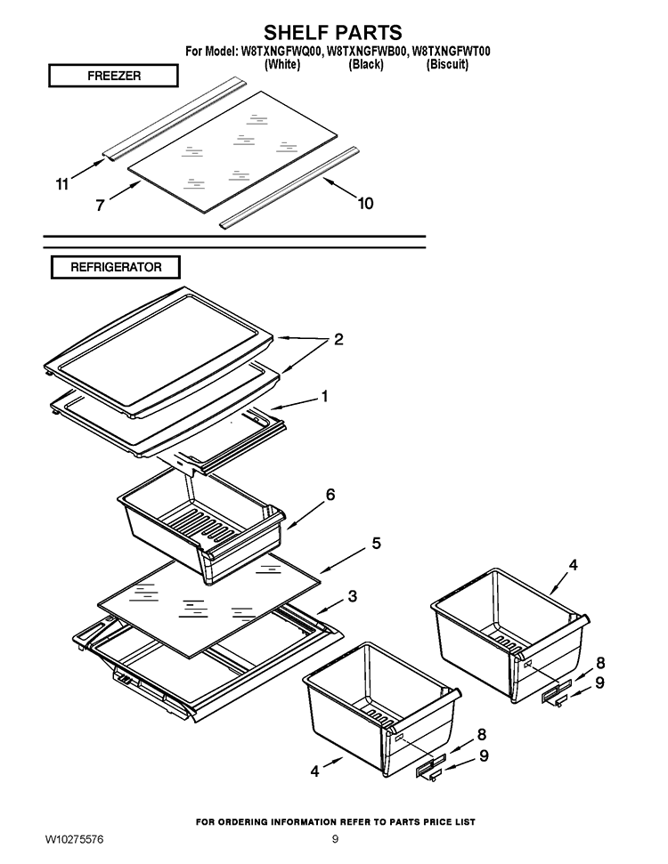 SHELF PARTS Diagram and Parts List for W8TXNGFWB00  Whirlpool Refrigerator