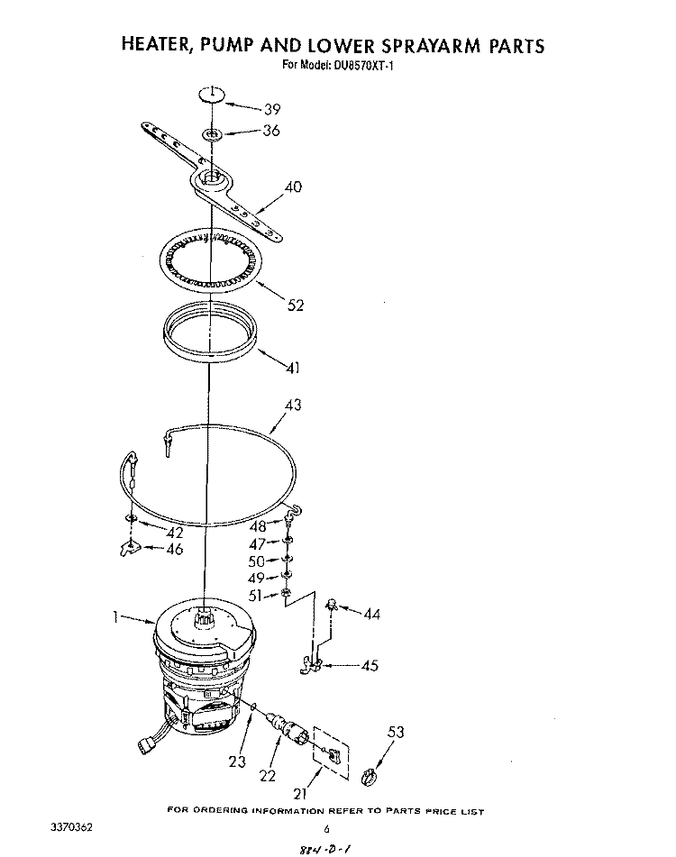 HEATER, PUMP AND LOWER SPRAY ARM Diagram and Parts List for DU8570XT1  Whirlpool Dishwasher