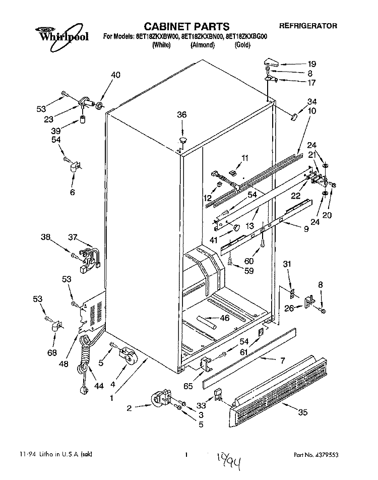 CABINET Diagram and Parts List for 8ET18ZKXBG00  Whirlpool Refrigerator