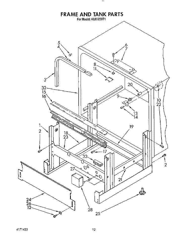 FRAME AND TANK Diagram and Parts List for KUDI220T1  KitchenAid Dishwasher