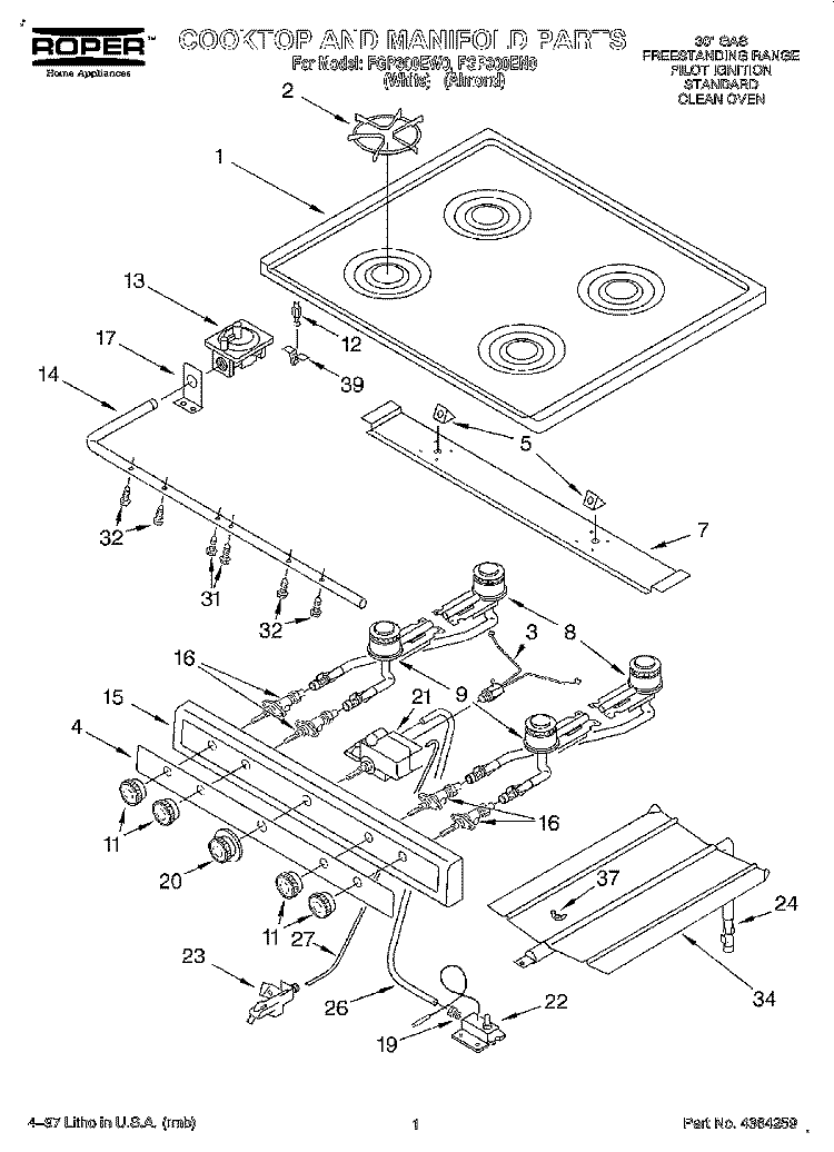 COOKTOP AND MANIFOLD Diagram and Parts List for FGP300EW0  Roper Range