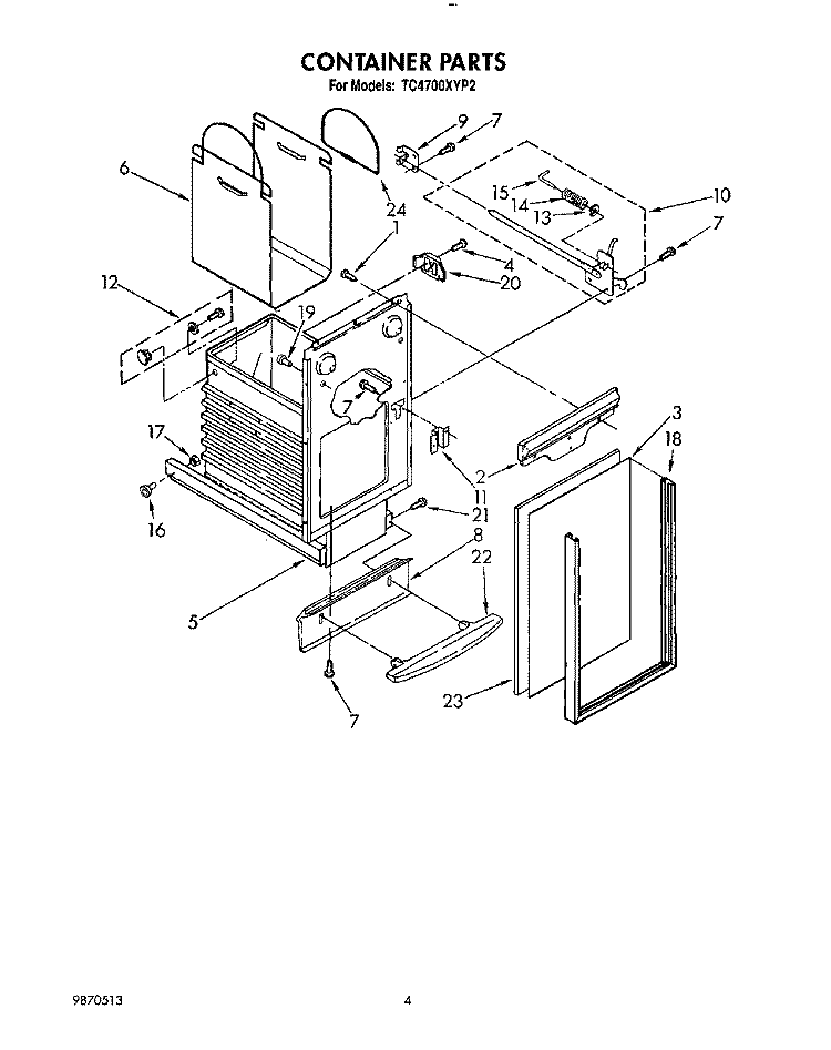 CONTAINER Diagram and Parts List for TC4700XYP2  Whirlpool Trash Compactor