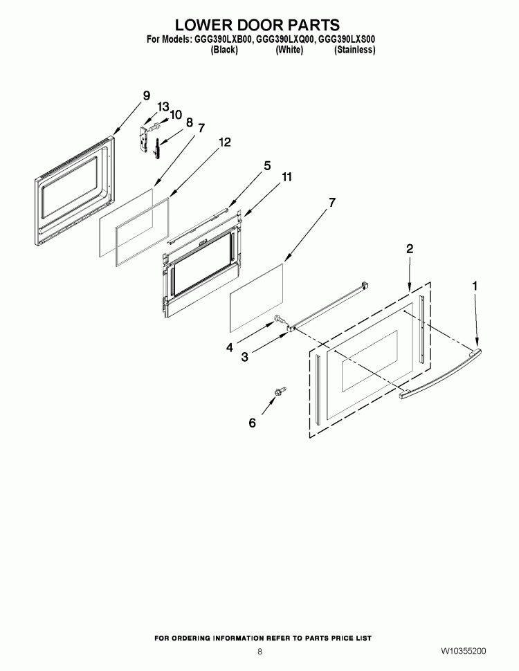 LOWER DOOR PARTS Diagram and Parts List for GGG390LXS00  Whirlpool Range