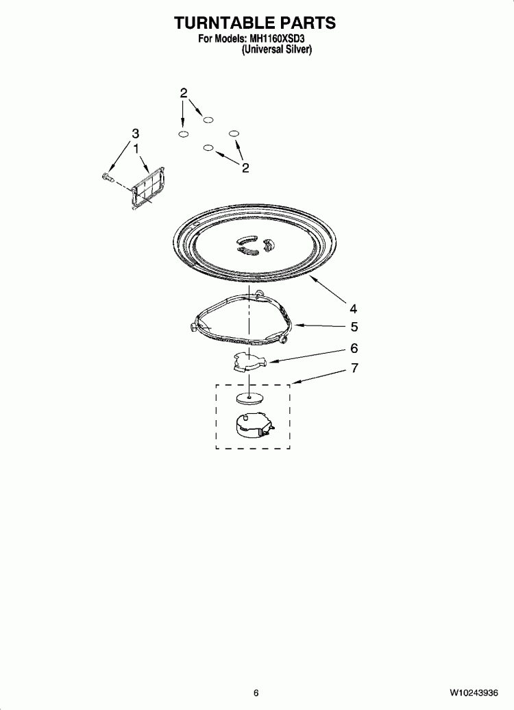 TURNTABLE PARTS Diagram and Parts List for MH1160XSD3  Whirlpool Microwave