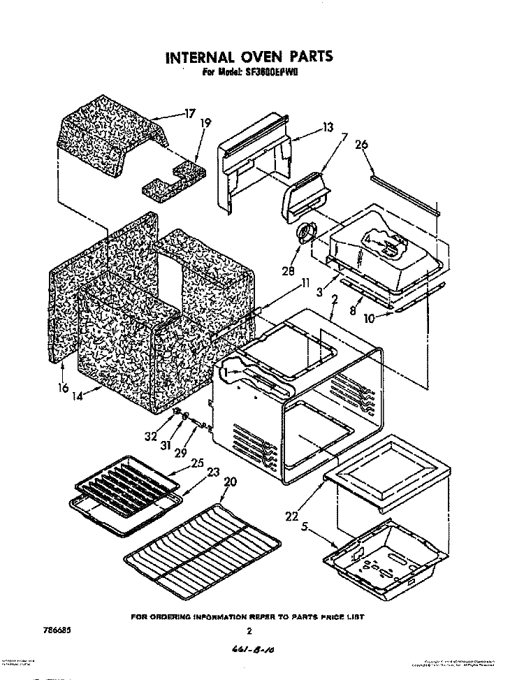 INTERNAL OVEN Diagram and Parts List for SF3600EPW0  Whirlpool Range
