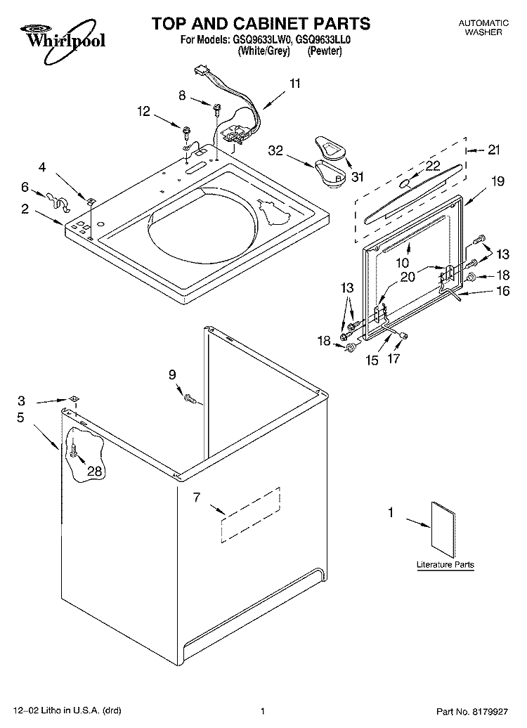 TOP AND CABINET, LITERATURE Diagram and Parts List for GSQ9633LL0  Whirlpool Washer
