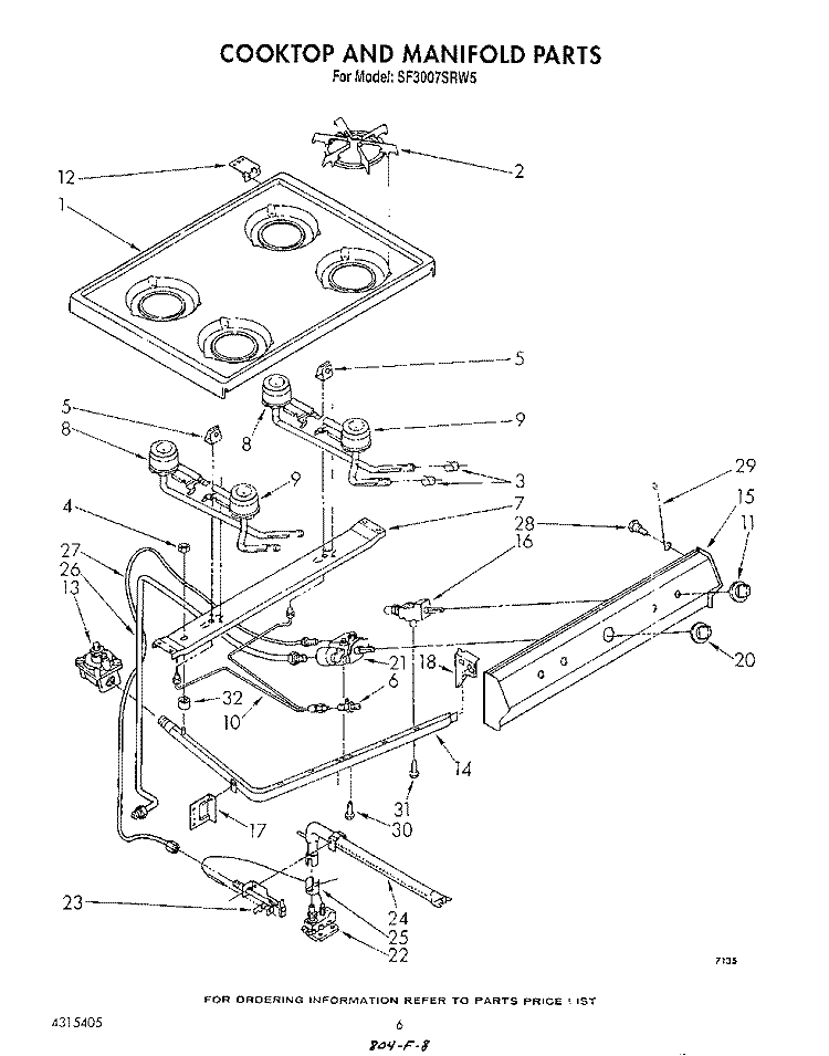 COOK TOP AND MANIFOLD , LITERATURE Diagram and Parts List for SF3007SRW5  Whirlpool Range