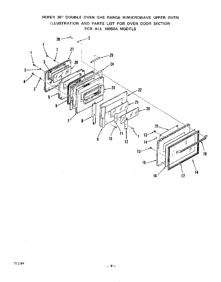 OVEN DOOR Diagram and Parts List for 1895^0A  Whirlpool Wall Oven
