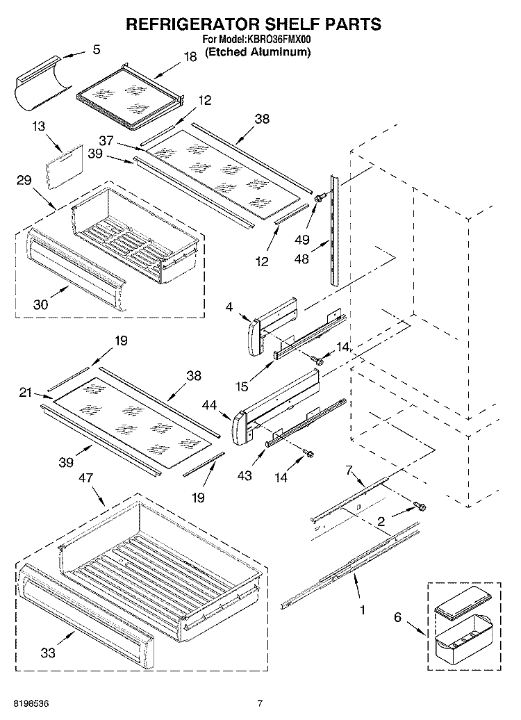 REFRIGERATOR SHELF PARTS Diagram and Parts List for KBRO36FMX00  KitchenAid Refrigerator
