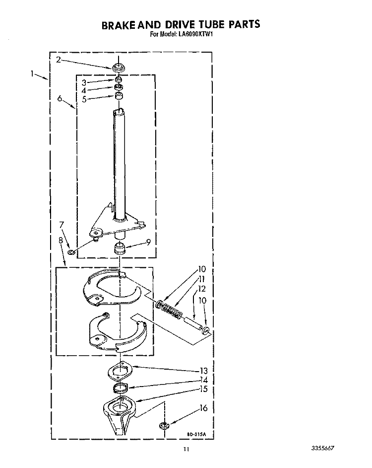 BRAKE AND DRIVE TUBE Diagram and Parts List for LA6090XTW1  Whirlpool Washer
